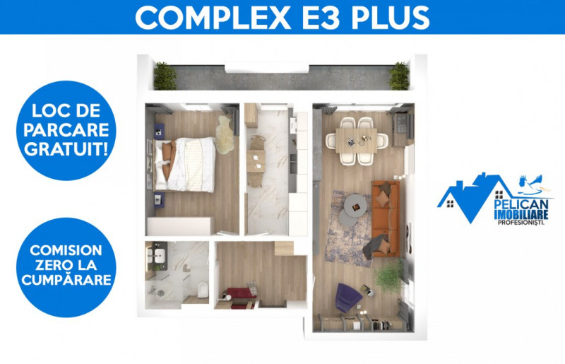 Complex E3 PLUS, 2 camere, Etaj 2, decomandat